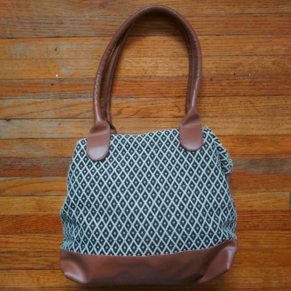 Tapestry Handbag Faux Vegan Brown Leather Top Handles